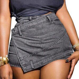Women Denim Mini Skirt Jean Skort Sexy High Waisted Asymmetrical Stretch Short S